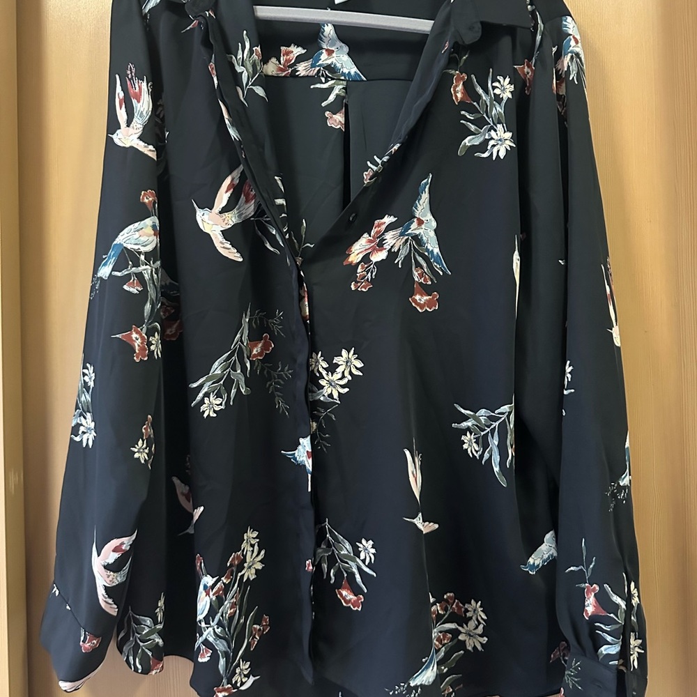 H&M Black Long Sleeve Collar Blouse with flowers and humming birds